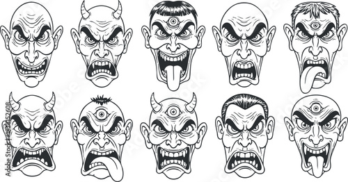 Set of ten expressive black and white vector illustrations of angry and monstrous faces for creative projects.