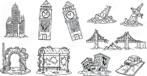 Outline vector illustration set featuring famous landmarks and urban structures for travel and design projects