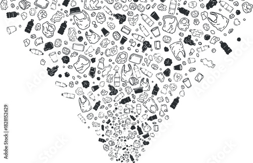 Black and white vector illustration of various waste items forming a funnel shape, highlighting pollution and environmental issues