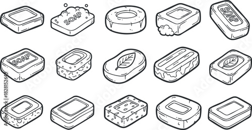 Outline vector illustration of various soap bars and shapes, ideal for hygiene and skincare branding projects