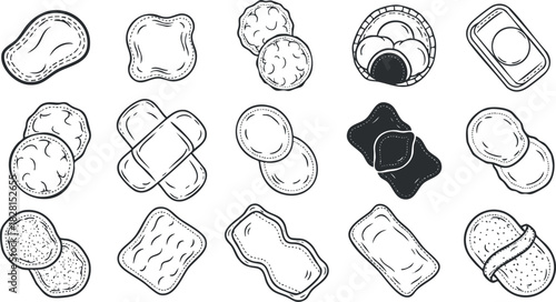 Hand-drawn outline vector illustration of various snacks and treats, perfect for food packaging, menus, or culinary designs