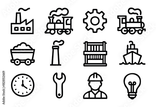 Set of industrial revolution icons in simple bold-line style: factory, train, gear, mine cart, chimney, textile machine, ship, clock, wrench, worker, lightbulb.