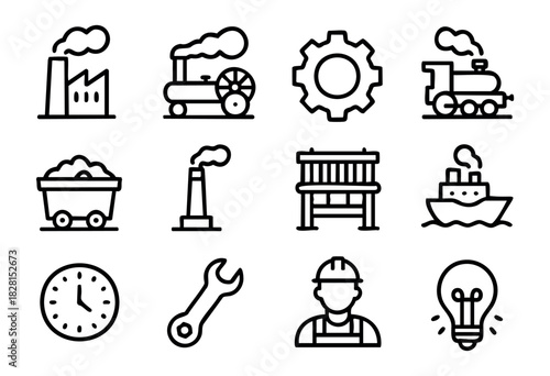 Set of industrial revolution icons in simple bold-line style: factory, train, gear, mine cart, chimney, textile machine, ship, clock, wrench, worker, lightbulb.