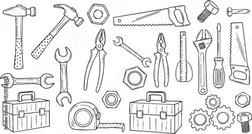 Hand-drawn vector illustration of various tools and equipment for construction and repair projects, perfect for DIY and handyman themes