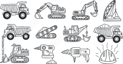 Outline vector illustration of construction vehicles and tools including excavators, dump trucks, and drills for engineering and industrial projects