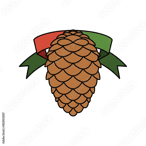 A pinecone decorated with ribbon for winter holidays.