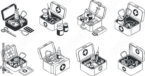 Outline vector illustration of various first aid kits, featuring medical supplies like bandages, medicine, and tools for healthcare.