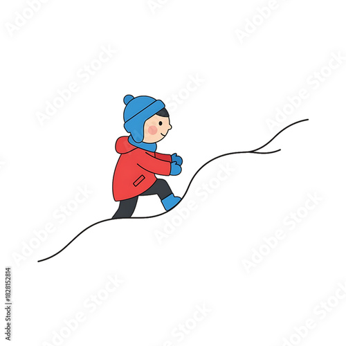 Child walking uphill through snow.