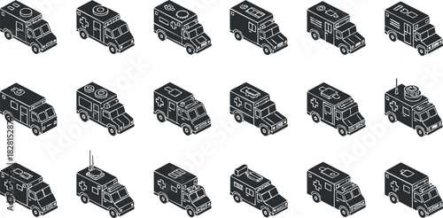 Outline vector icon set featuring various ambulance designs for healthcare, emergency services, and medical transportation projects