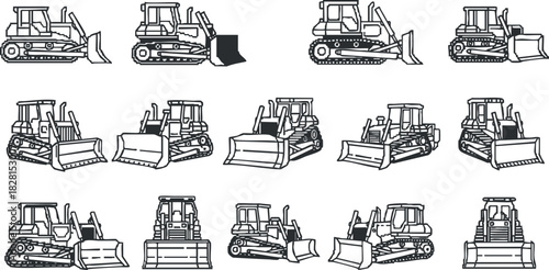 Collection of outlined vector illustrations featuring various bulldozer designs for construction and engineering projects