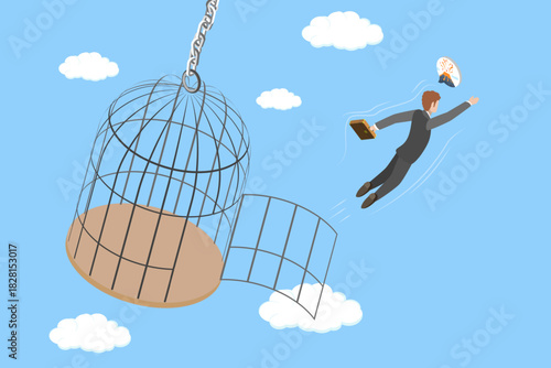 3D Isometric Flat Vector Illustration of Out Of Comfort Zone, Businessman Successfully Escapes From Trap By Jumping Over It.