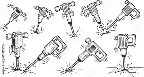 Hand-drawn vector illustration set of various power tools in action, ideal for construction and repair design projects
