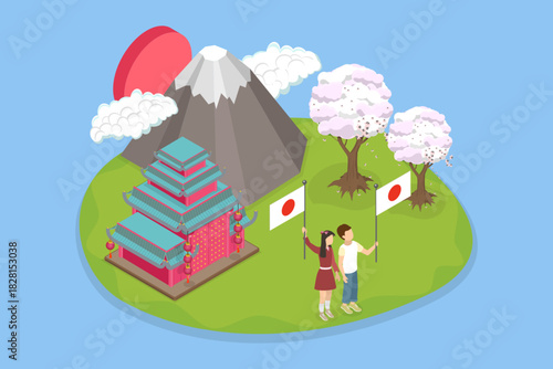 3D Isometric Flat Vector Illustration of National Japanese Day, Celebration With Friends Holding Flag And Mount Fuji In Background