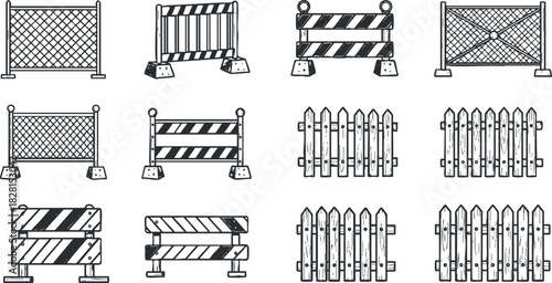 Set of vector illustrations featuring various types of barriers and fences in a minimalist outline style, suitable for construction and safety themes