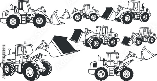 Collection of black and white vector illustrations featuring various construction vehicles, including loaders and bulldozers, for engineering projects.