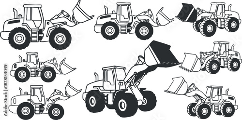 Black and white vector icon set of construction loaders and excavators for engineering and design projects