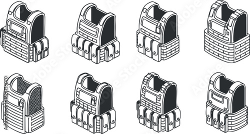 Collection of tactical backpack vector illustrations in a modern flat design for outdoor and adventure gear projects