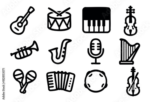 Set of music icons in simple bold-line style: guitar, drum, piano, violin, trumpet, saxophone, microphone, harp, maracas, accordion, tambourine, cello.