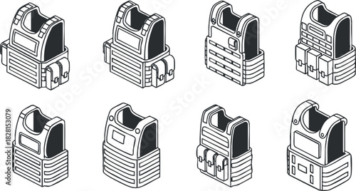 Set of modern vector illustrations depicting tactical gear pouches and accessories for military and outdoor enthusiasts
