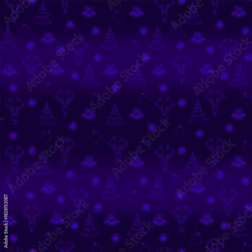 Seamless pattern with Christmas symbols: a tree, reindeer, balls, snowflakes, and bells isolated on a blue and purple background.