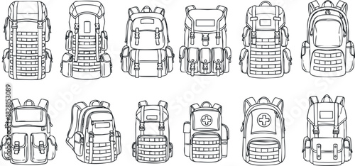 Line art vector illustration of various backpack designs, suitable for outdoor activities, travel, and adventure-themed projects