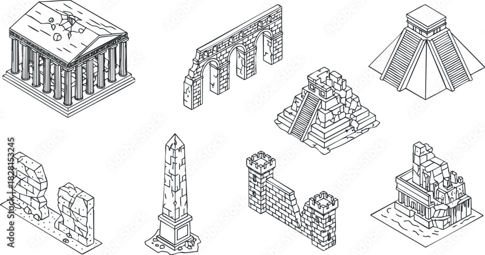 Fototapeta premium Isometric vector illustration set of ancient architectural structures including temples, pyramids, and monuments for educational and design purposes