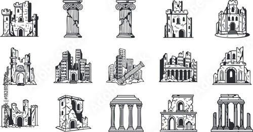 Collection of black and white vector illustrations featuring various ancient architectural structures and ruins for design projects.