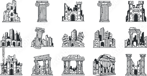 Vector icon set featuring various historical ruins and architectural elements in a minimalist black and white style for design projects.