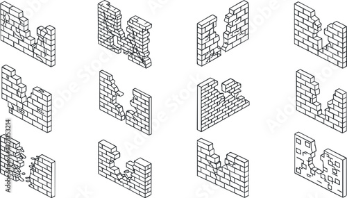 Geometric vector illustration of brick wall designs in various styles, suitable for architectural and creative projects
