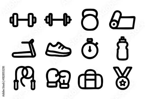Set of fitness icons in simple bold-line style: dumbbells, kettlebell, yoga mat, treadmill, running shoe, stopwatch, water bottle, jump rope, boxing gloves, gym bag, medal.