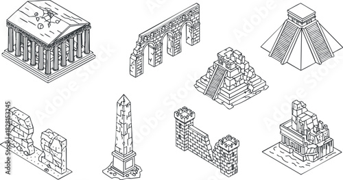 Isometric vector illustration set of ancient architectural structures including temples, pyramids, and monuments for educational and design purposes