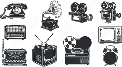 Vintage retro vector illustration collection of classic communication and entertainment devices for design projects