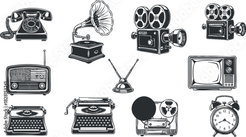 Vintage vector illustration collection of retro technology icons including typewriters, telephones, radios, and televisions for design projects.