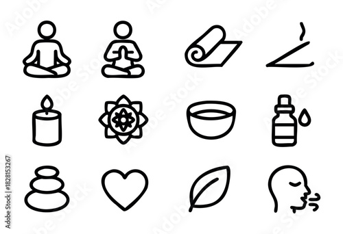 Set of yoga icons in simple bold-line style: meditation poses, yoga mat, incense, candle, lotus flower, singing bowl, essential oil, stacked stones, heart, leaf, breathing figure.