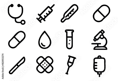 Set of medical icons in simple bold-line style: stethoscope, syringe, thermometer, pill, blood drop, test tube, microscope, scalpel, bandage, crutch, IV bag.
