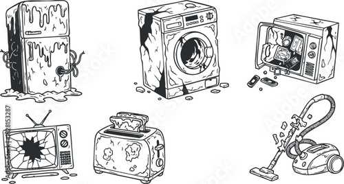 Whimsical vector illustration of broken household appliances including a refrigerator, washing machine, toaster, television, and vacuum cleaner for home repair themes