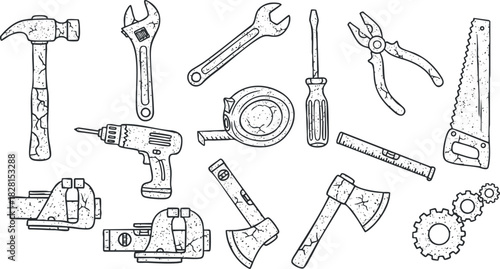 Hand-drawn vector illustration of various tools including hammer, wrench, screwdriver, and saw for DIY and construction projects