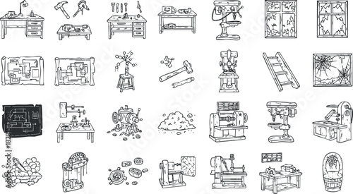Hand-drawn vector illustration set of various workshop tools and equipment for construction and repair projects