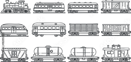 Vintage black and white vector illustration of various train types including locomotives and carriages for transportation themes