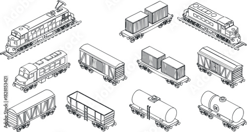 Outline vector illustration of various trains and cargo cars for transportation and logistics design projects