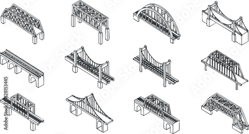 Collection of geometric outline vector illustrations showcasing various bridge designs for architecture and engineering projects