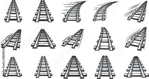 Collection of minimalist black and white vector illustrations depicting various railway tracks in straight and curved designs for transportation and engineering projects