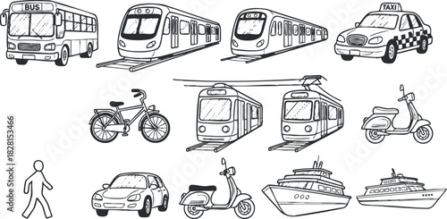 Outline vector illustration of various transportation modes including bus, train, taxi, bicycle, scooter, and boats for urban mobility concepts