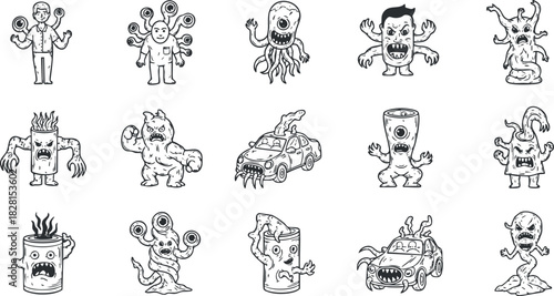 Collection of quirky monster vector illustrations in black and white, perfect for Halloween designs or playful projects.