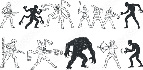 Collection of horror-themed vector illustrations featuring various monsters and characters in a black and white outline style