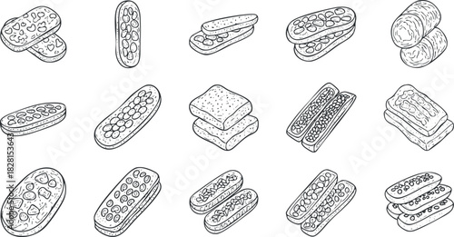 Hand-drawn outline vector illustration of assorted snacks and desserts, ideal for culinary design projects and packaging.