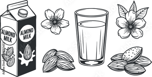 Vector illustration of almond milk packaging, glass, almonds, and almond flowers for healthy lifestyle concepts