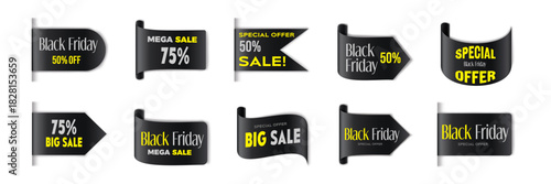 Black Friday sale banners with bold shapes and modern promotional design elements.