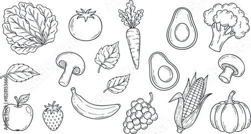 Hand-drawn vector illustration of assorted fruits and vegetables for healthy eating concepts and food-related designs
