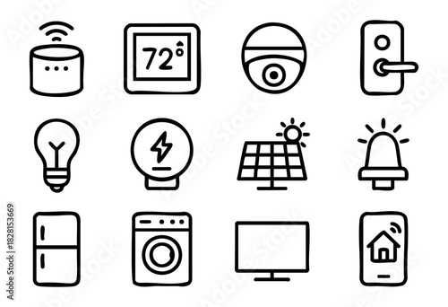 Set of smart home icons in simple bold-line style: smart speaker, thermostat, security camera, smart lock, light bulb, energy meter, solar panel, alarm, refrigerator, washing machine, TV, smartphone c